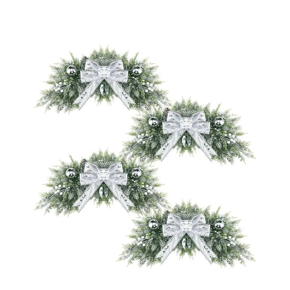 4 Pack Christmas Window & Door 33 Inch Winter Pine Needles Silver Bow Home Decor
